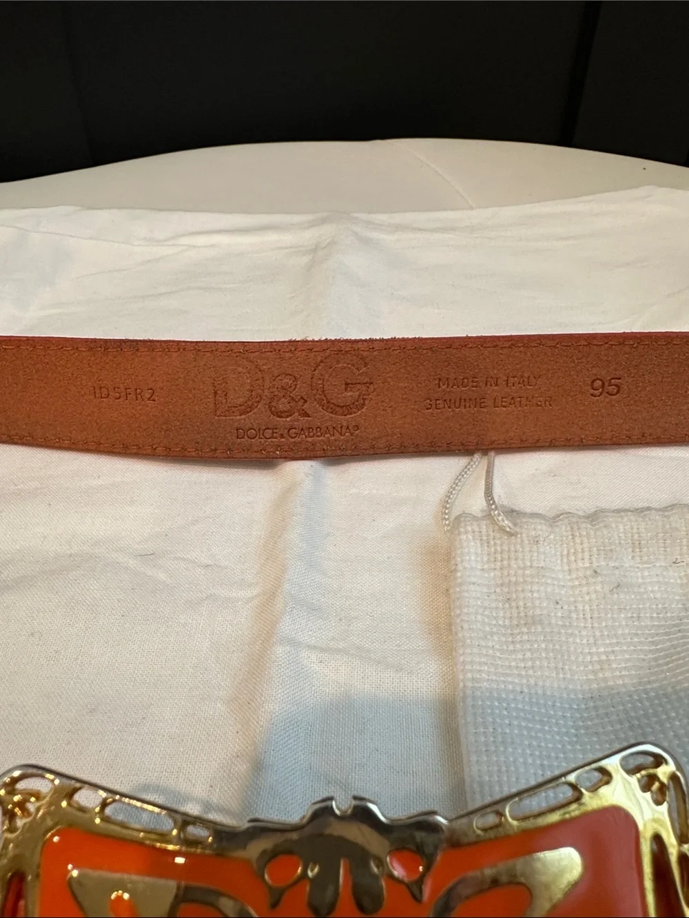 Dolce & Gabbana D&G Orange Leather Logo Buckle Belt Size 95
